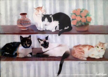Five Cats By the Window, pastel on Canson, 18" x 24", 1994 © Bernadette E. Kazmarski (photo through glass)
