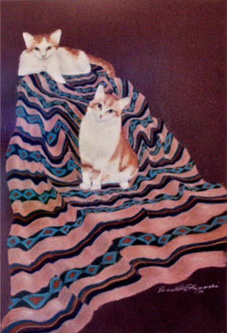 Sunny and Ginger on a Southwestern Blanket, pastel on maroon Canson paper, 18" x 24", 1993 © Bernadette E. Kazmarski